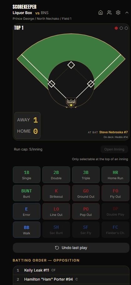 DiamondHQ Scorekeeper live scoring screen